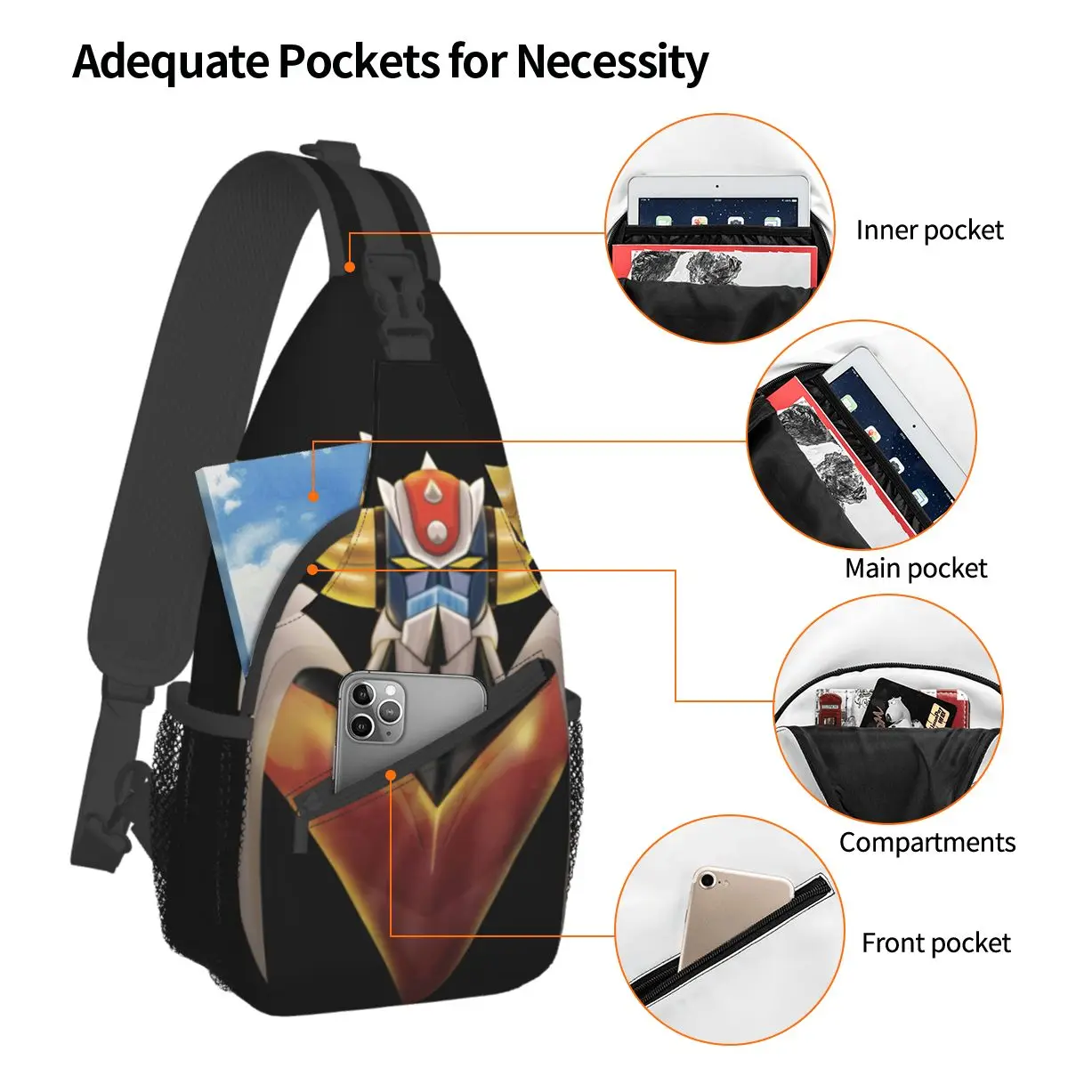 UFO ROBO Grendizer حقائب صغيرة الرافعة الصدر Crossbody الكتف على ظهره الرياضة في الهواء الطلق daypack أنيمي اليابان المطبوعة Bookbag