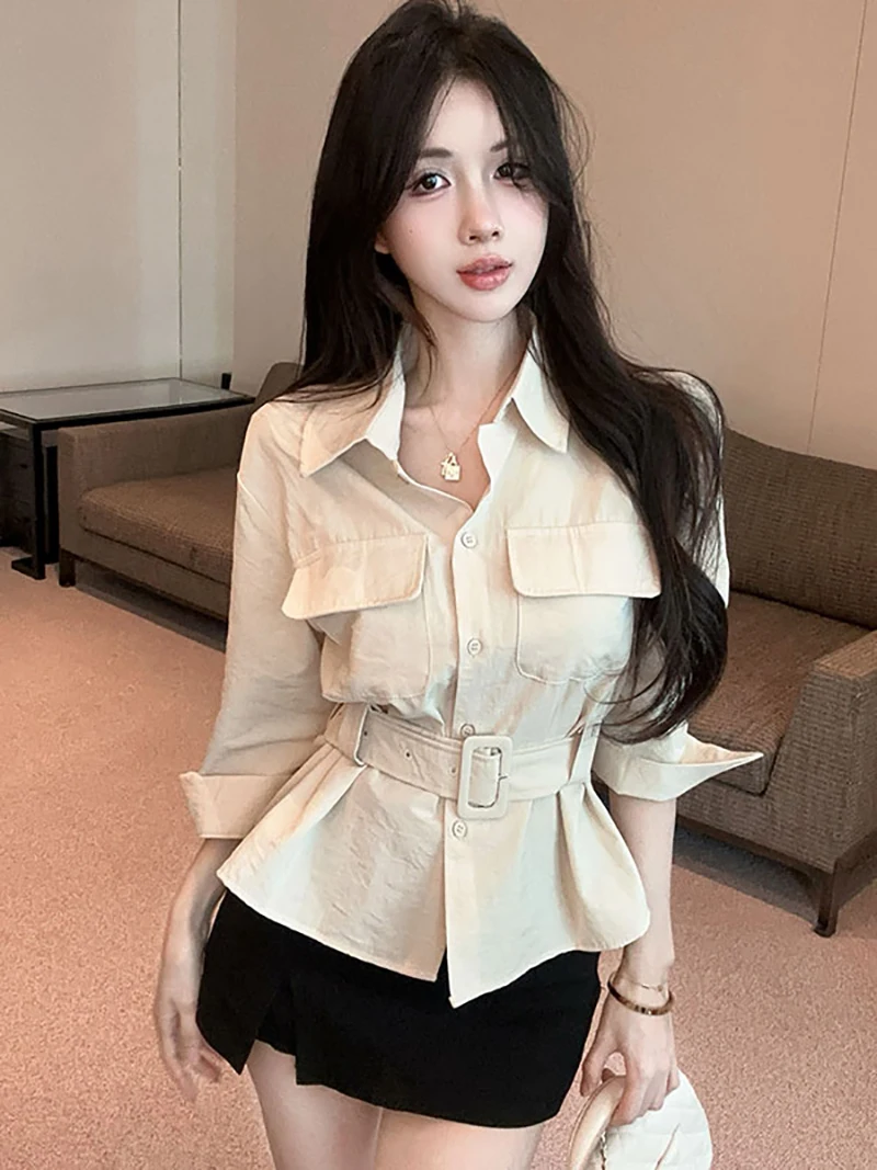 

Slimming Effect Collar Design Women's Shirt Seven Sleeve Waist Belt Casual Style Fashionable Top for Summer New Arrival