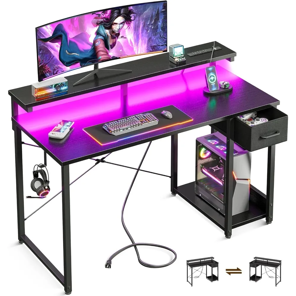 

Gaming Desk with LED Lights & Power Outlet,40 Inch Computer Desk with Drawer,Reversible Desk with Monitor Stand & Headphone Hook