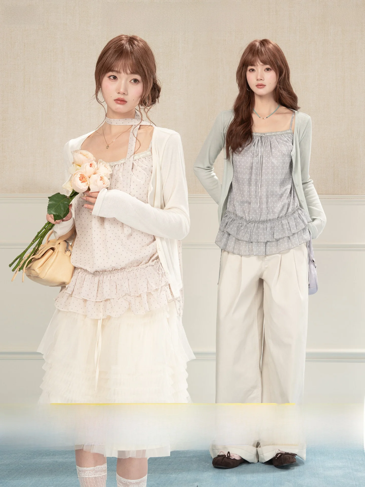 

Heynew Light Apricot Long Sve Open Cardigan Women's Ruffle Hem ter Top Early Spring Two-Piece Set Top Loose Sle Knitt...