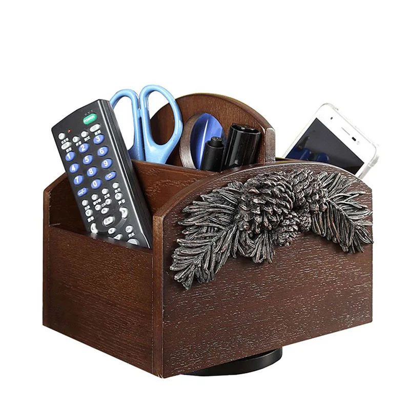 

American pastoral desktop cosmetics storage box wooden rotatable remote control storage shelf wholesale rotary storage