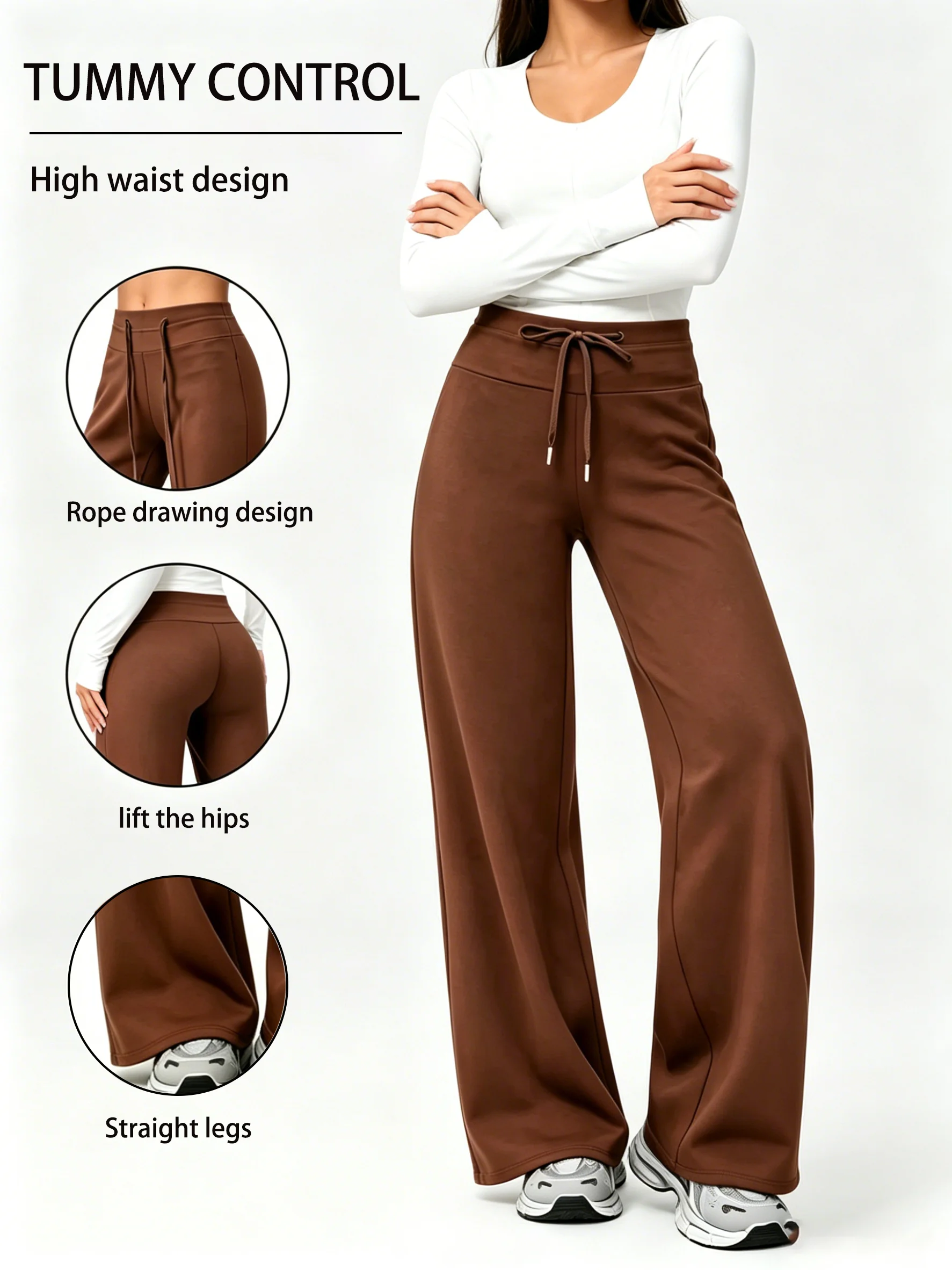Damen High-Waist-Hose mit weitem Bein, verstellbarem Kordelzug, Bauch- und Hüftkontrolle, lässige und vielseitige lockere gerade Hose – Detail 1