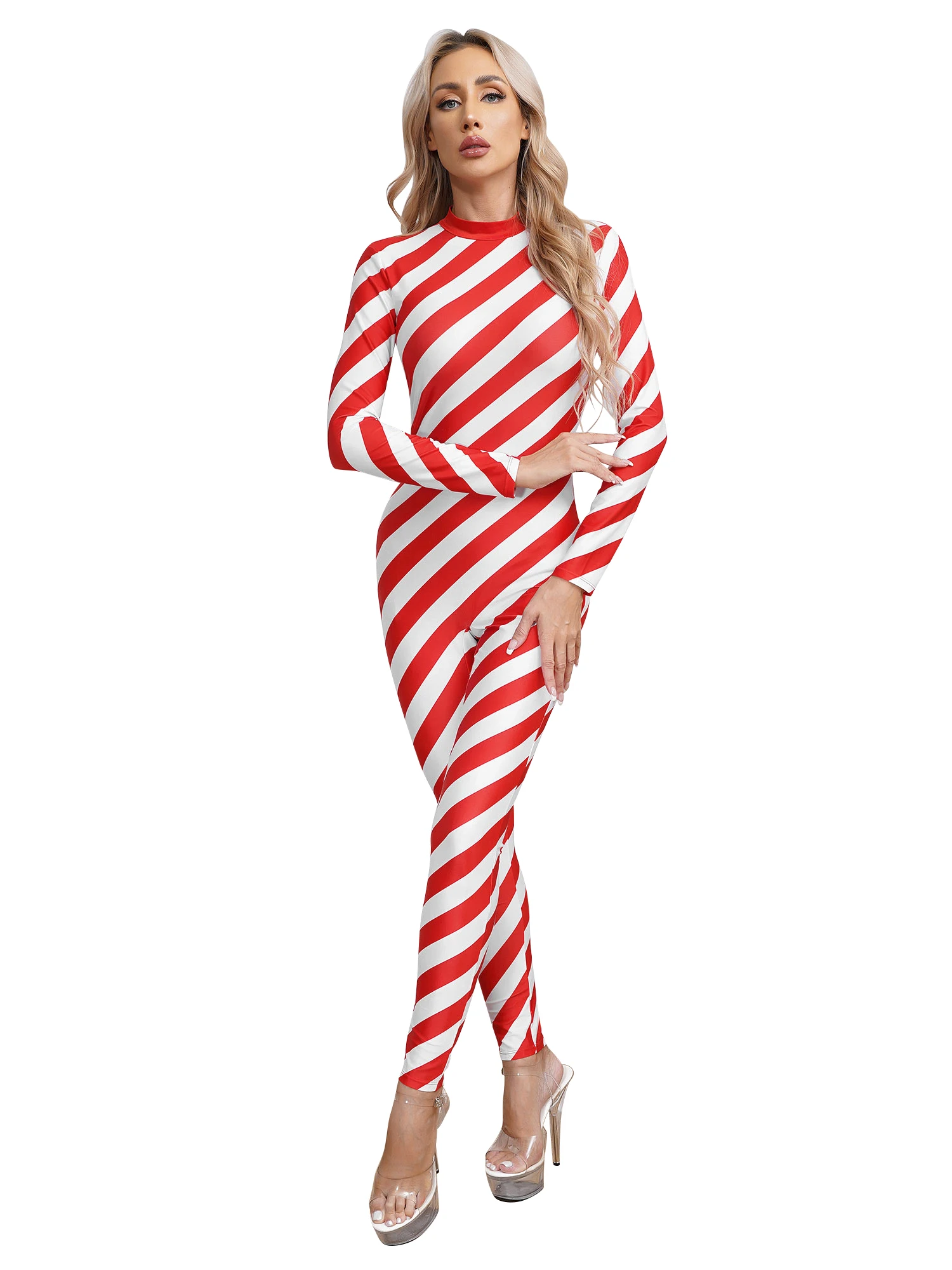 #S-5XL Womens Christmas Candy Cane Bodysuit Santa Costume Unitard Mock Neck Long Sleeve Zipper Jumpsuit for Xmas Cosplay Party