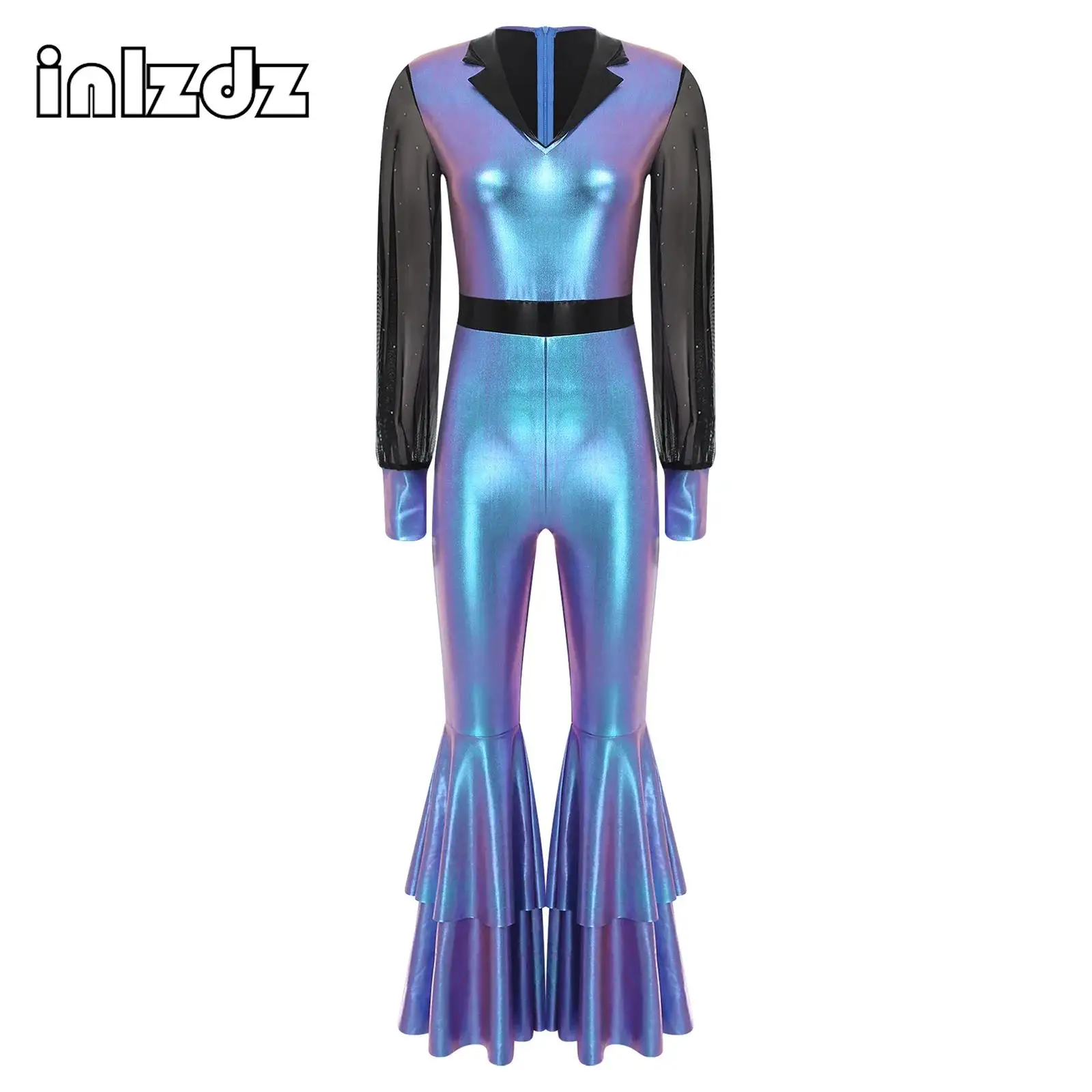 

Womens Shiny Mesh Jumpsuit Long Sleeve Tiered Bell Bottom Flared Long Pants Metallic 70s 80s Disco Dance Rompers Dancewear