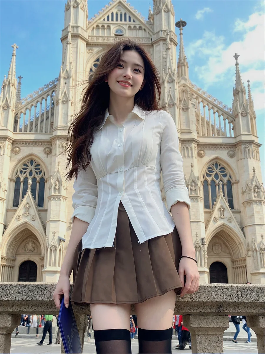 

Shirts Women Slim Fit Streetwear Long Sleeve Buttoned Lace-Up Casual Tops Elegant Korean Preppy Fashion Spring Chic Wear