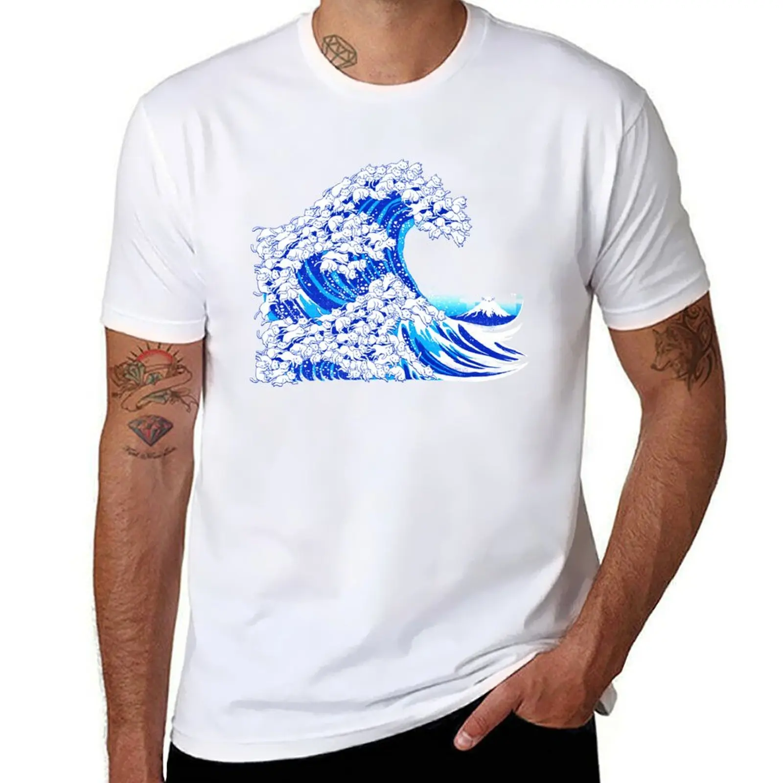 

Kanagawa Cat Wave White T-Shirt rapper graphic tees vintage clothes mens big and tall t shirts