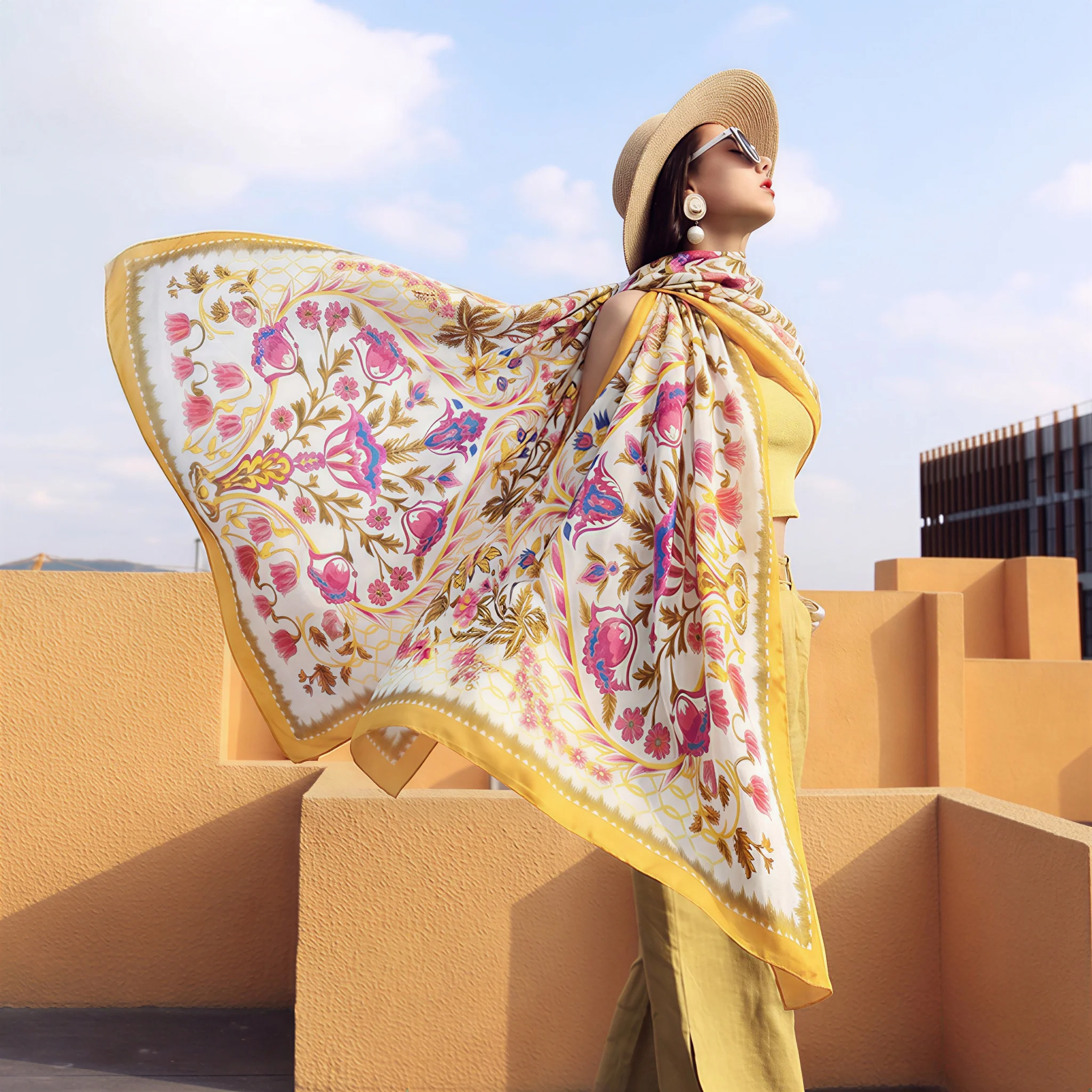 230*110cm Luxury Floral Print Silk Scarf Women Yellow Pink Bohemian Shawl Beach Wrap Headscarf Hijab Large Bandana for Vacation view 4