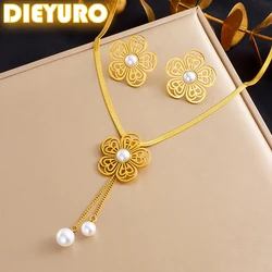 DIEYURO 316L Stainless Steel Butterfly Pattern Hollowed Out Flowers Pearl Necklace Earrings Sets Women New Trend Jewelry Set
