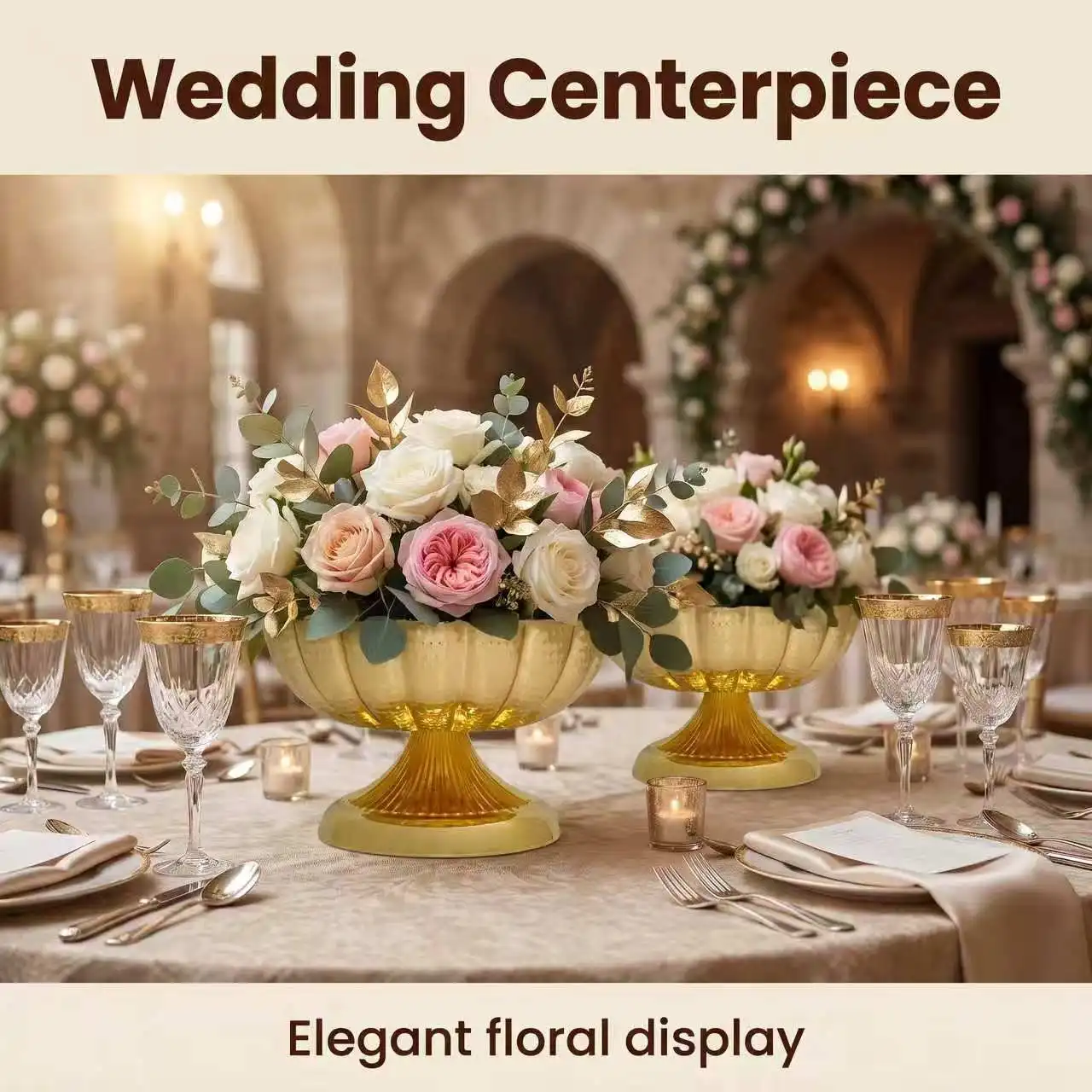 Vintage Gold Metal Compote Vase Retro Flower Bowl for Wedding Party Table Centerpieces Floral Arrangement
