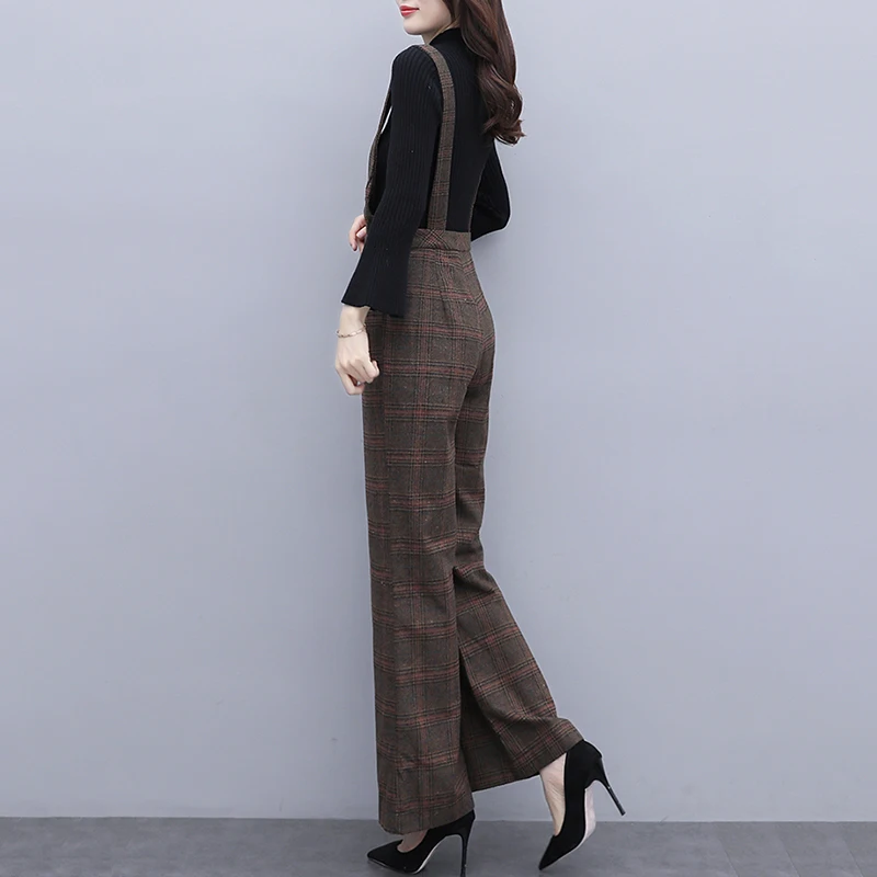 2024 Autumn Winter Plaid Woolen Jumpsuit Women High Waist Office Lady Jumpsuits Combinaison Femme Elegant Overalls