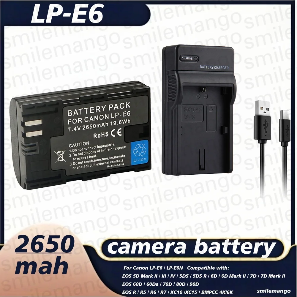 2650mAh LP-E6 / LP-E6N Battery or LED Dual Charger For Canon EOS 5DS R 5D Mark II III IV 6D Mark II 7D 70D 80D 90D Camera