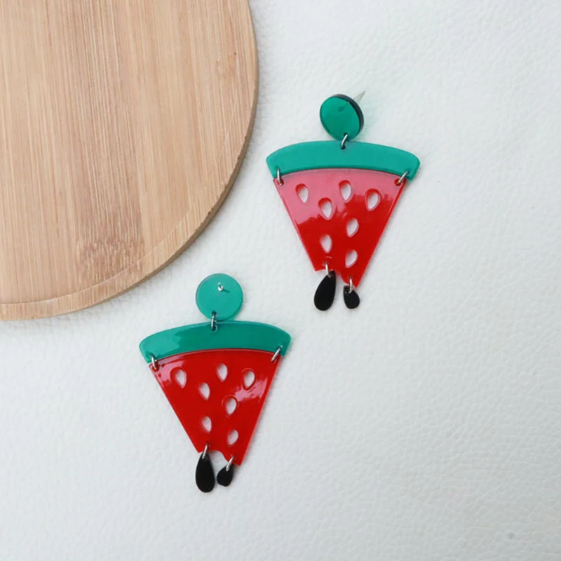 Sweet Summer Red Watermelon Slice Earrings For Women Cute Fruits Acrylic Drop Earrings