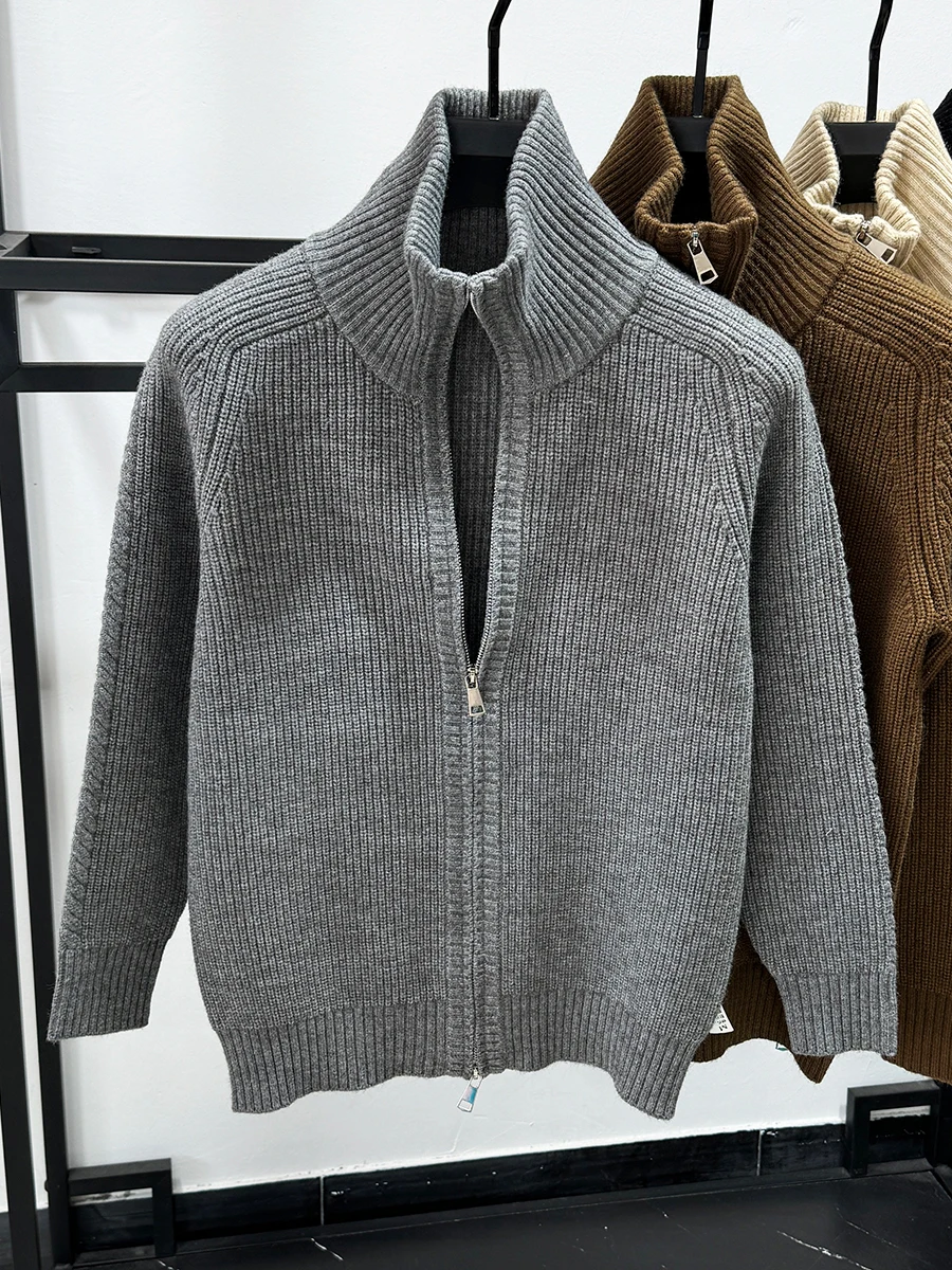 

Мужской модный повседневный зимний кардиган крупной вязки с двойной молнией, утепленный, с высоким воротником, свитер-куртка для молодежи