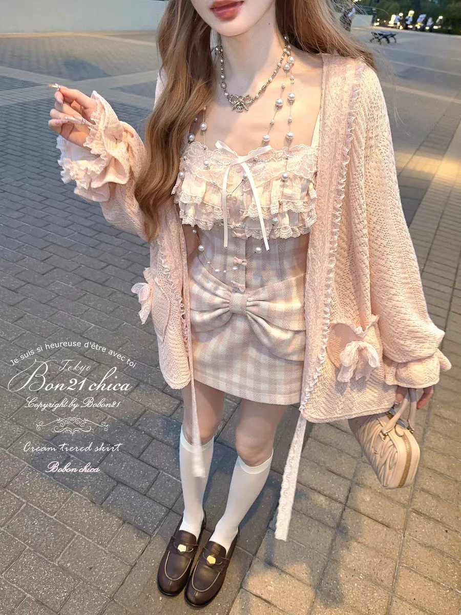Princess sweet lolita cardigan bobon21 Nainaizi daily Japanese style lace bow super easy to match knitted cardigan C2429