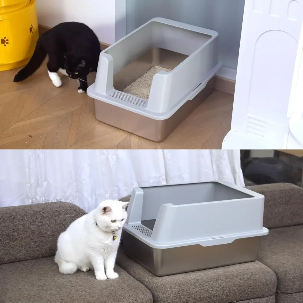 

Stainless Steel XL High-Sided Cat Litter Box with Lid – Non-Stick, No-Smell & Easy Clean, Includes Scooper