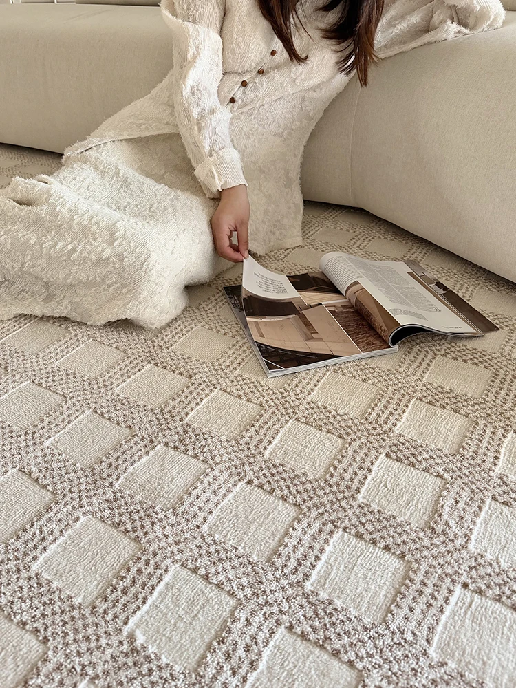 French Cream Style Living Room Carpet Plain Color Simple Modern Parlor Sofa Carpet No Glue Vintage Bedroom Floor Rug Thick Mat