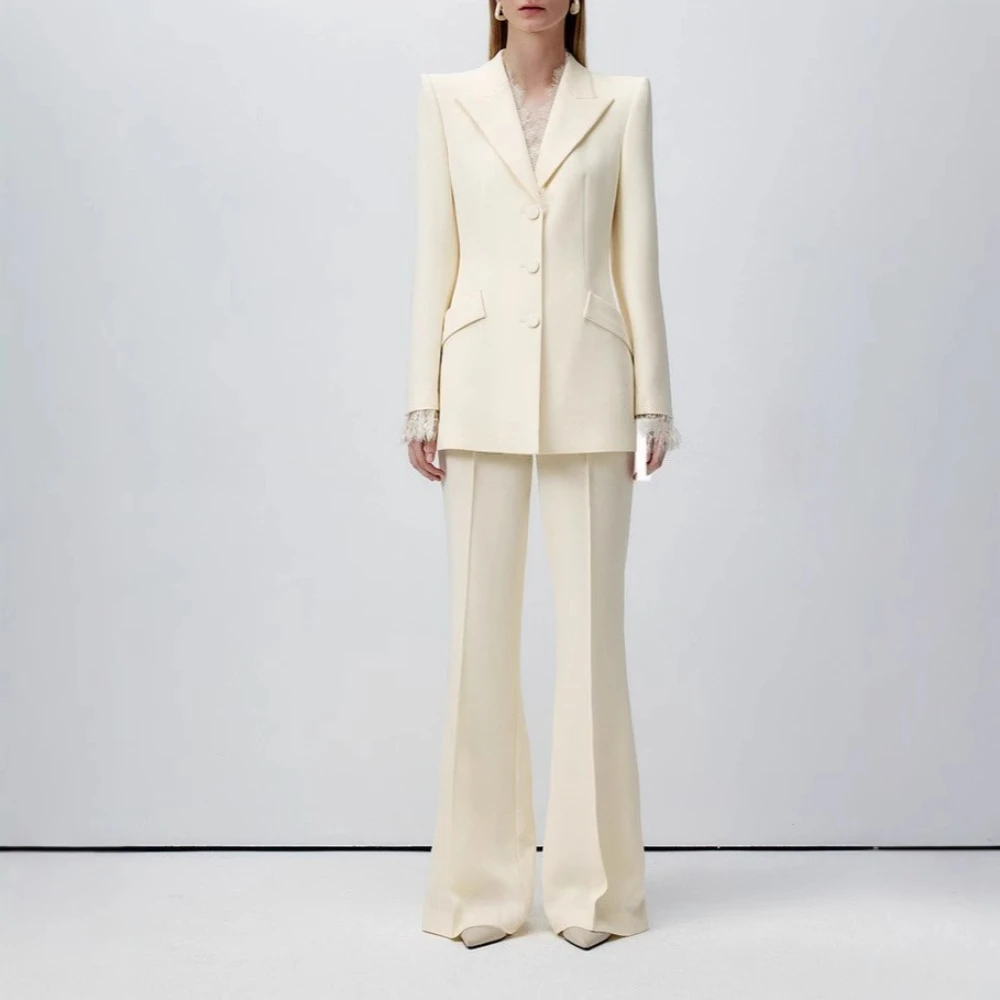 TWOTWINSTYLE Apricot Spliced Lace Two Piece Set Female Lapel Long Sleeve Jacket Office Luxury Women's Trousers Set Fashion New