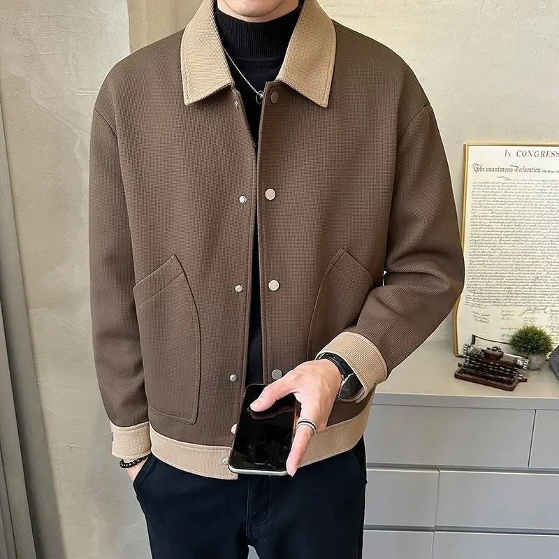 Men's Clothing Long Sleeve Turn-down Collar Flocking Solid Color Button Up Cardigan Coats Fashionable Casual Autumn Winter Tops