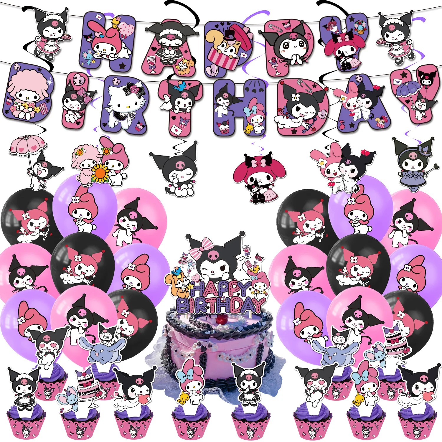 Kuromi Birthday Party Supplies Balloon Banner Tableware Cake Topper Kuromi Party Decoration Baby Shower