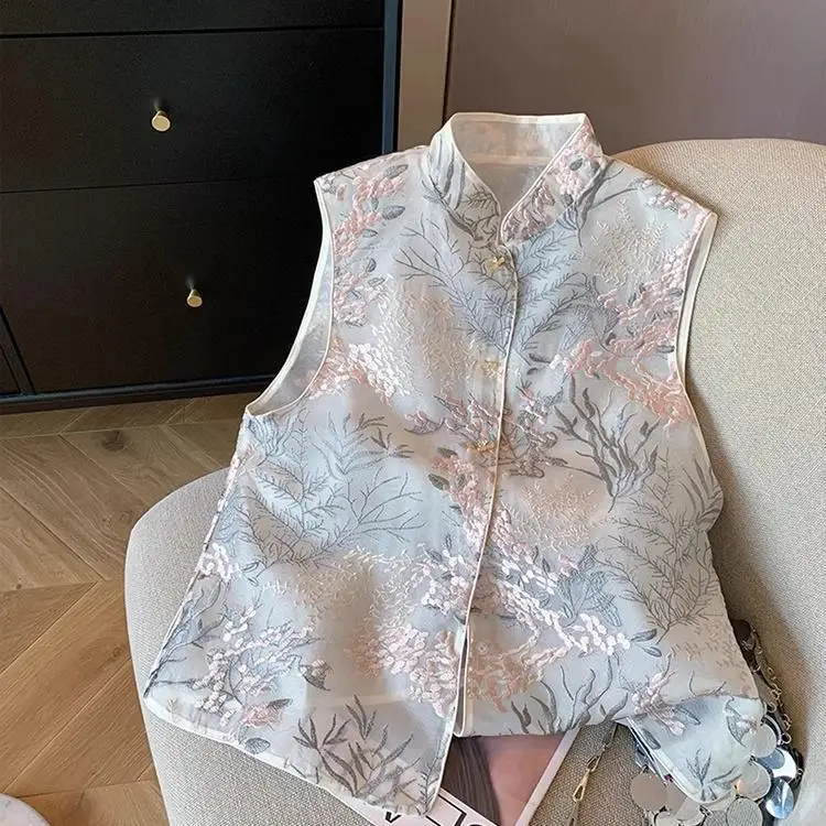 Light Cloud Color New Style New Chinese Fashion High-end Niche Stand-up Collar Sleeveless Top Chinese Style Retro Vest