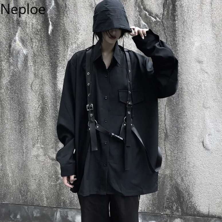 Neploe Vintage Long Sleeve Black Blouse Harajuku Women Men Shirt 2020 Autumn Korean Bandage Blusas Medium-long Tops Coat 55503