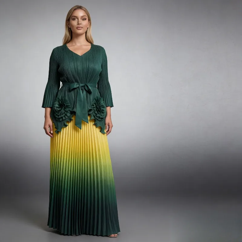 

Комплект из плиссированной юбки и топа Miyake Plus Size, коллекция 2026: Новинка Весна-Лето, свободный крой, асимметричные складки, градиентный цвет, комплект из 2 предметов