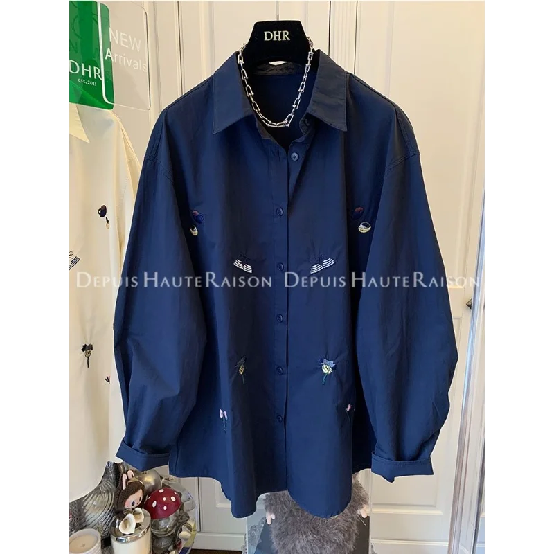 

Embroidered Long-sleeved Shirt for Women in Autumn Loose and Versatile Splicing POLO Collar Button Fashion Long-sleeved Top