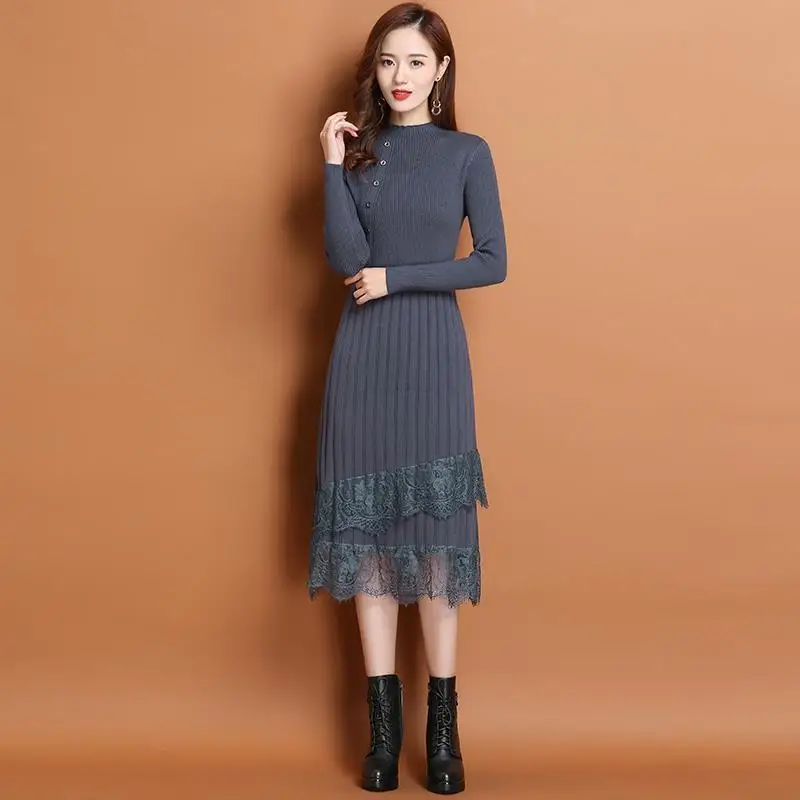 Women's Korean Autumn and Winter Mid Length Plus Plush Thick Knit Knee Length Long Sleeved Lace Dress