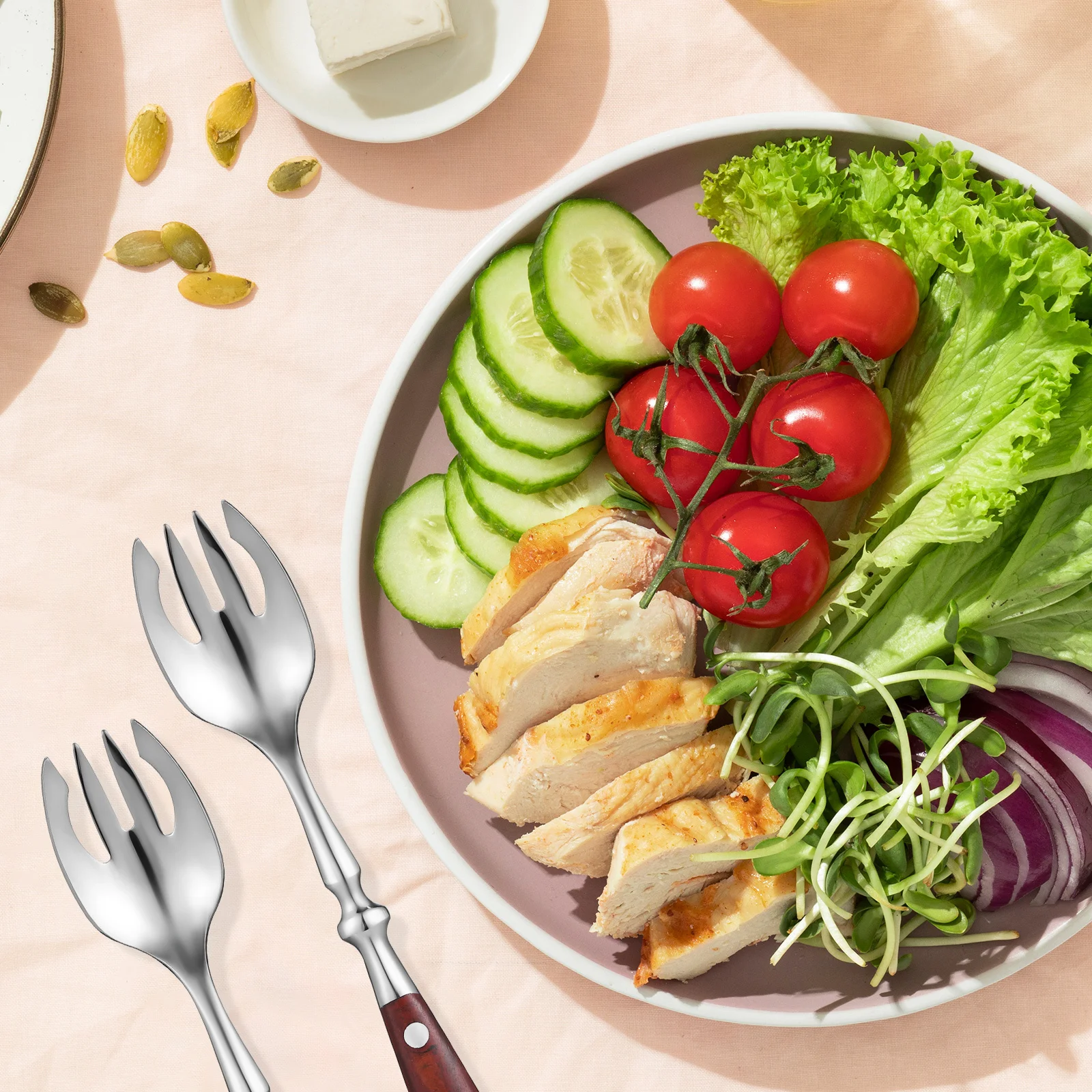 

4pcs Wooden Handle Cutlery Stainless Steel Sporks Reusable Salad Forks Glossy Finish Ergonomic Long Handle For Dessert Fruit