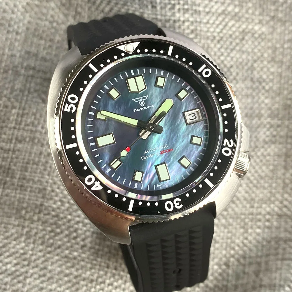 Tandorio NH35 Mother of Pearl Shell Dial Watch for Men Captain Steel Mechanical Diving 30Bar Silicone Strap Diving Lume Clock