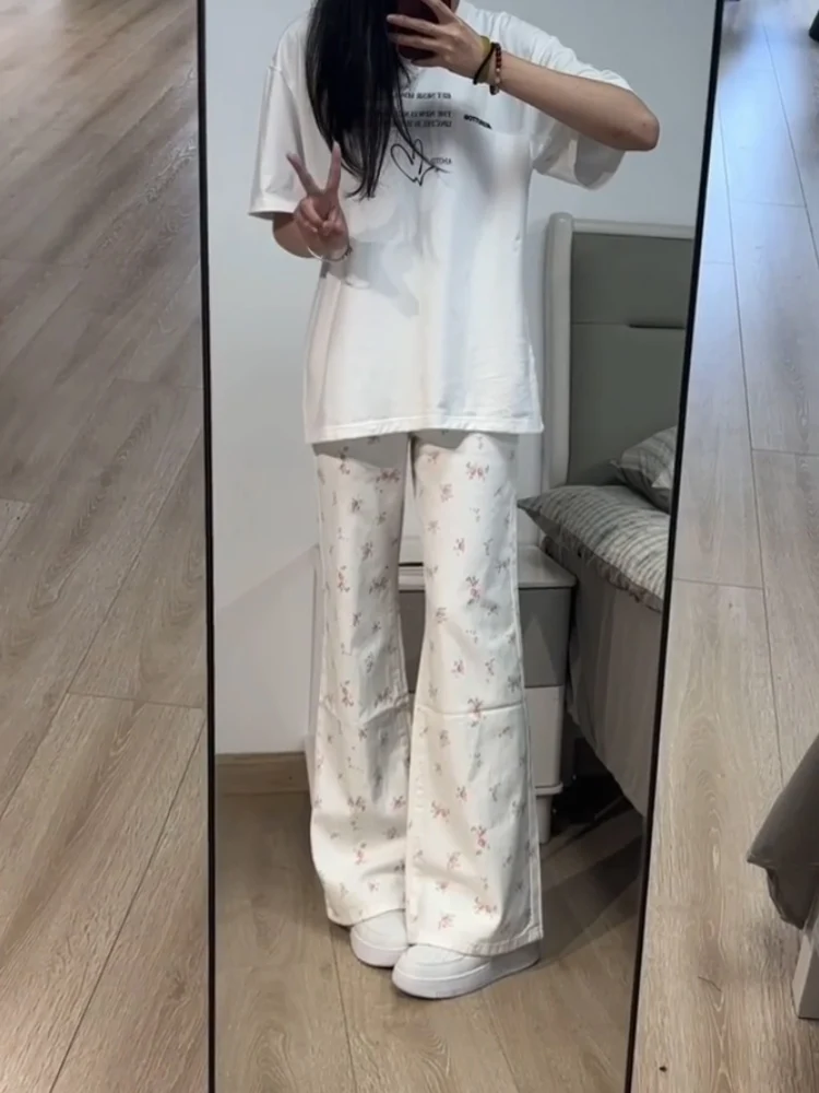 White Floral Wide Leg Jeans Women's Summer Thin High Waist Straight Cut Floor-Length Loose Fit Jeans Casual Ele Sle