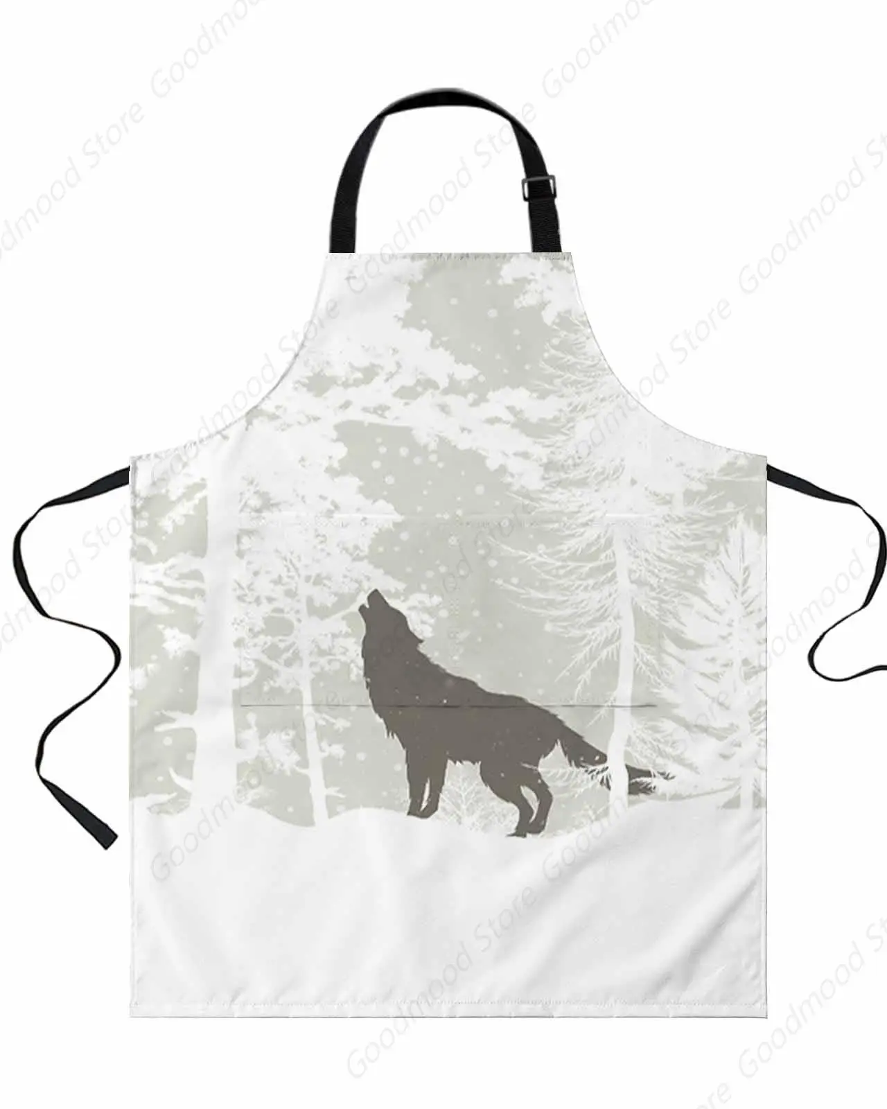 포레스트 늑대 턱받이 앞치마, 주머니가 있는 방수, 조절 가능한 앞치마, 흰색 소나무, 회색 야생 동물