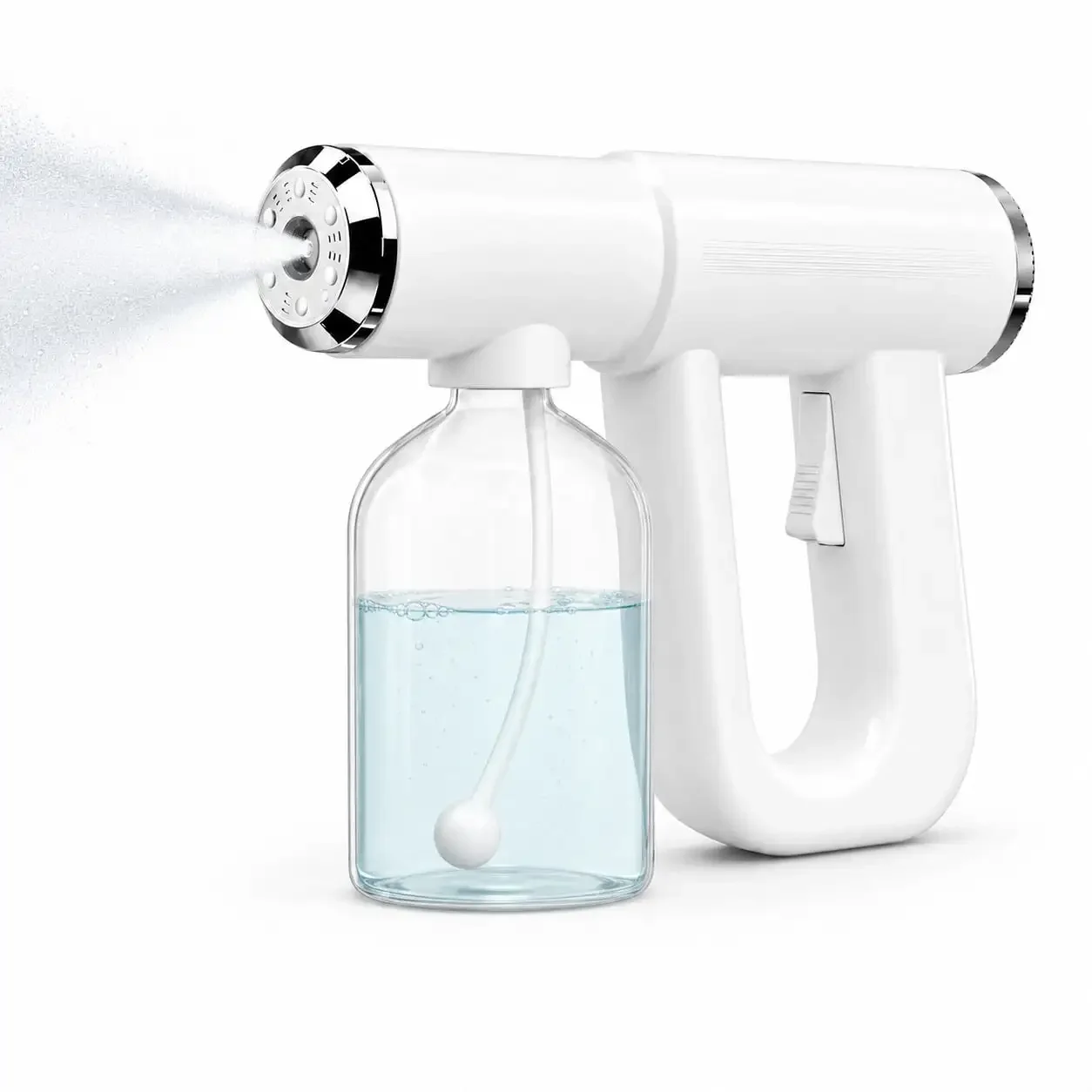 USB-C Rechargeable Handheld Electric Spray Bottle, Cordless Fine Mist Sprayer with Blue Light, 2 Spray Modes, 300mL Detachable Refillable Tank, Portable Atomizer for Home, Car, Kitchen Surface Cleaning
