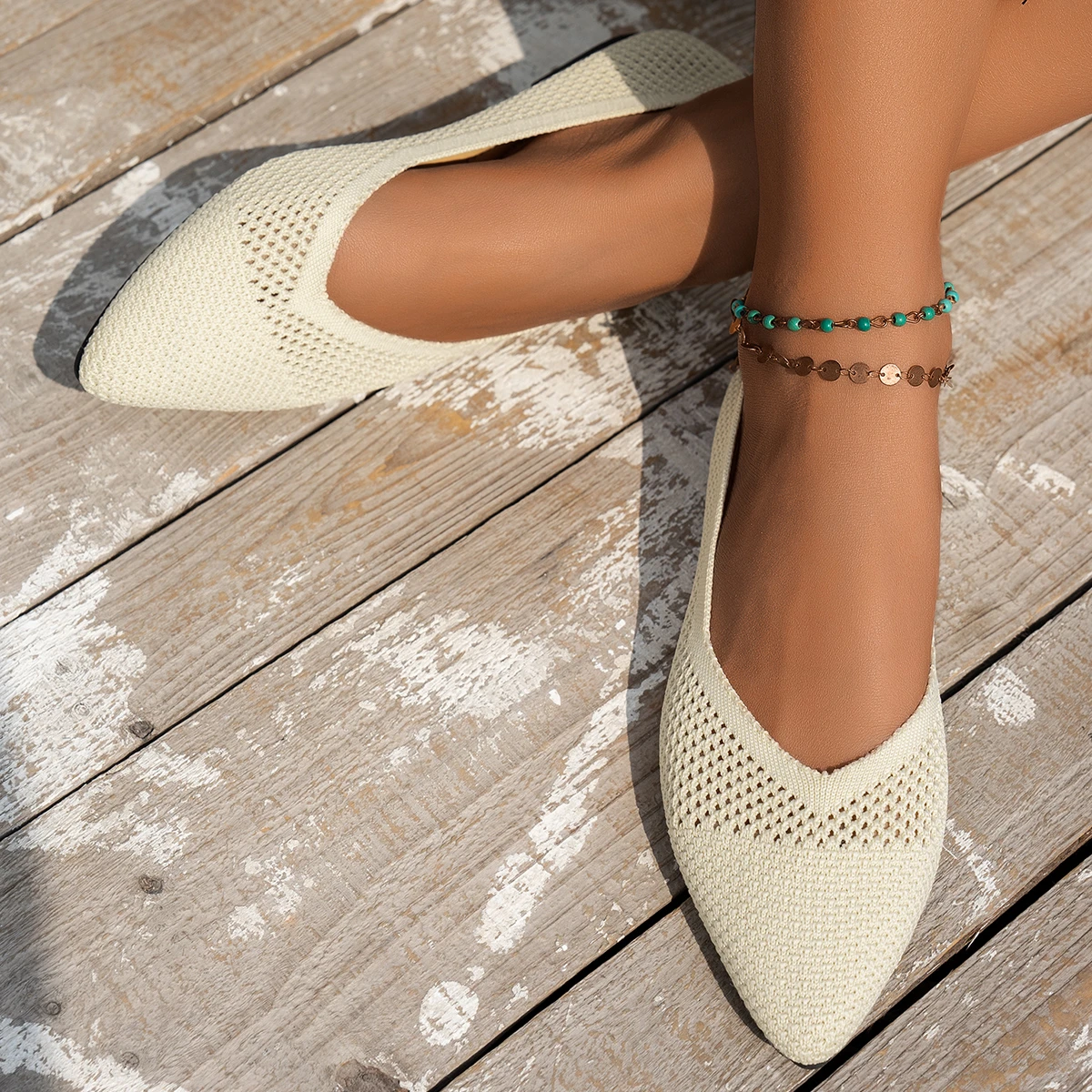 Neue Frauen Spitz Wohnungen Schuhe Casual Atmungsaktive Ballett Turnschuhe Frauen Leichte Einfarbig Gestrickte Slip auf Damen Loafer