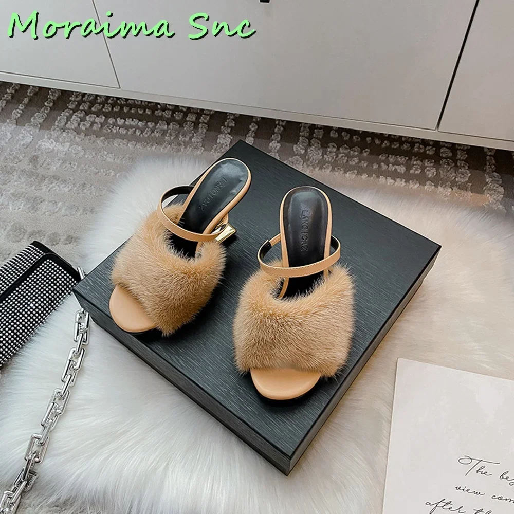 Hairy Fur Strange Heel Slippers Wedge Open Toe Women Shoes Slides Summer Outdoor Pink Solid Sexy Elegant Banquet Fashion Newest