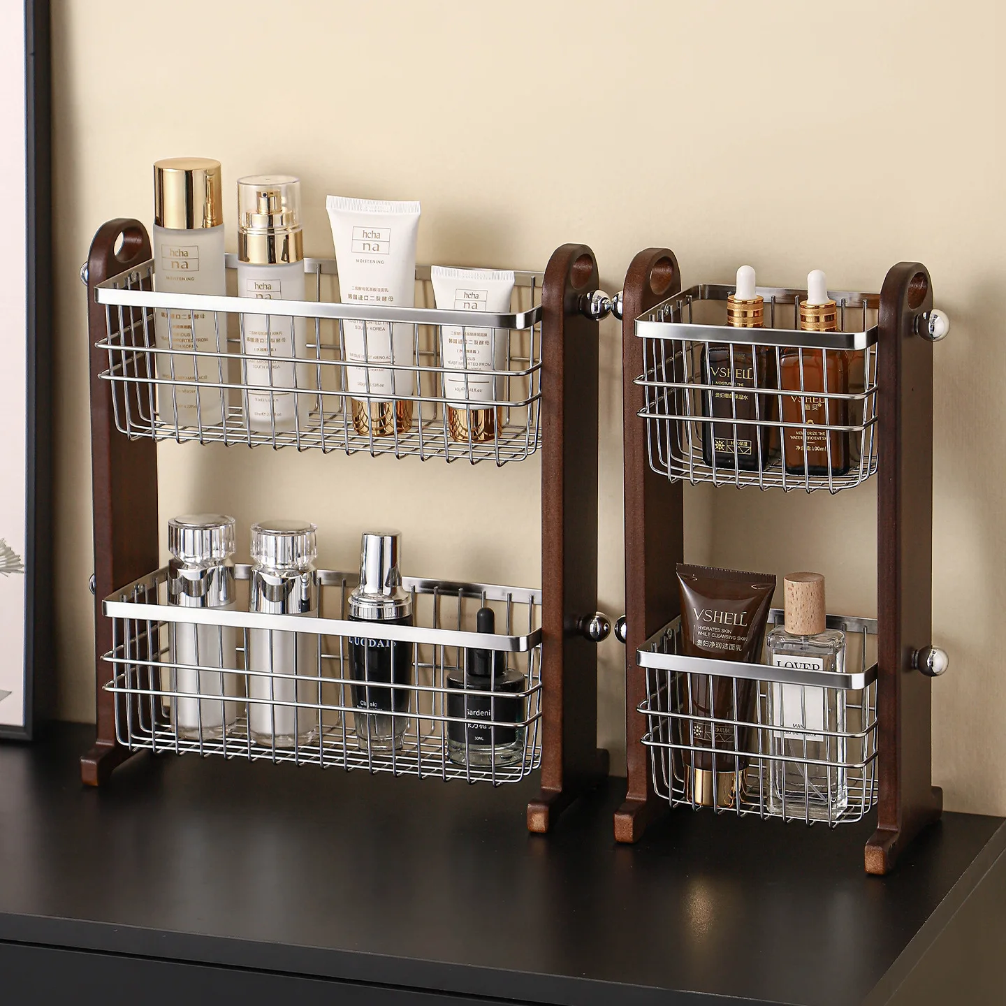 Desktop Cosmetics Stainless Steel Shelf Household Washstand Dormitory Dresser Storage Basket Perfume Solid Wood Shelf