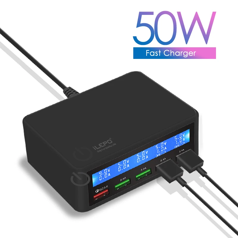 50W USB Charger 5 Ports LCD Display Quick Charge QC3.0 Desktop Fast Charging Station for iPhone 14 Samsung Huawei Phone Charger