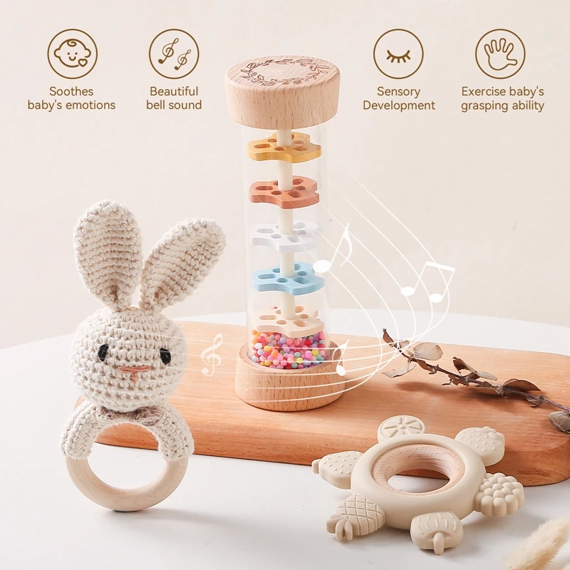 3pcs Rain Stick Rainbow Hourglass Rattle Toys BPA Free Silicone Animal Soothing Toys Crochet Bunny Wooden Bracelet Teether Gifts