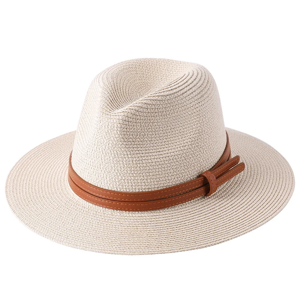 New Natural Panama Soft Shaped Straw Hat Summer Women/Men Wide Brim Beach Sun Cap UV Protection Fedora Hat Beige