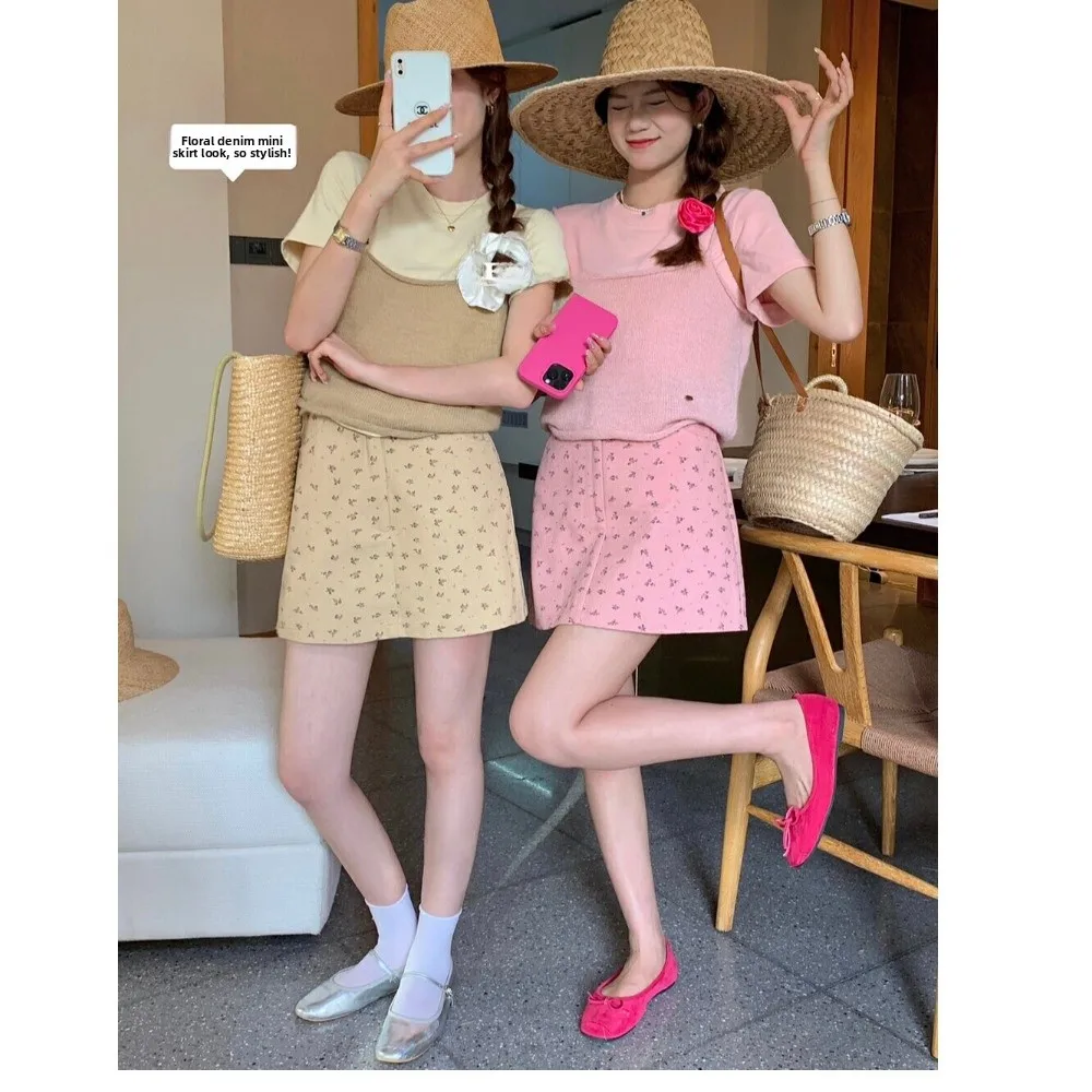 

Корейская женская юбка А-силуэта с высокой талией и цветочным принтом, универсальная, для весны и осени, для офиса, из полиэстера