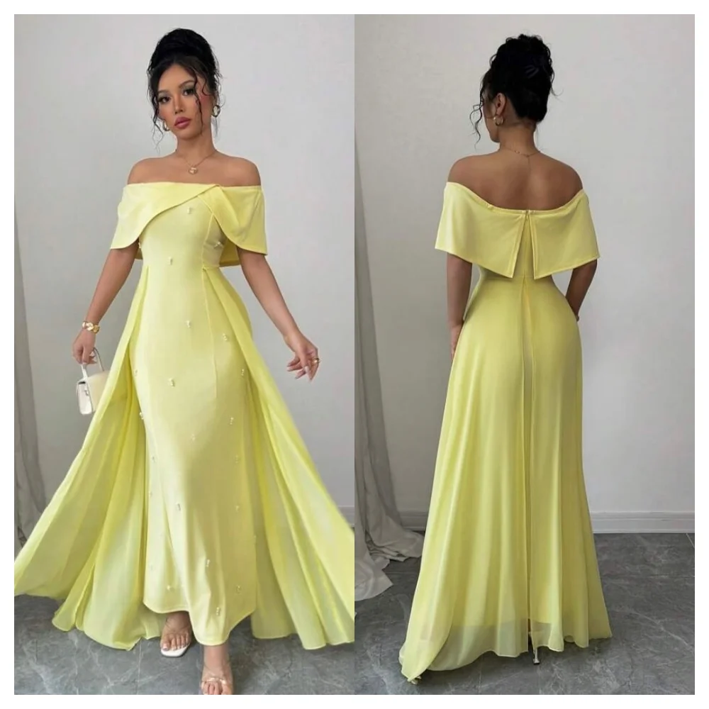 

Customized Classic Yellow Jersey Evening Dress Fashion Boat Neck Off the Shoulder Sleeveless Party Dress Soft Celebrity Gowns