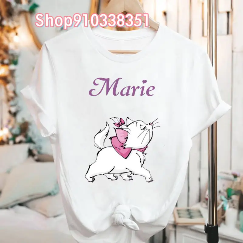 Japon Yaz Aristocats Marie Kedi Kawaii Elbise Beyaz Kısa Kollu Grafik T Shirt Tiki Tarzı Kadın Büyük Boy T Shirt