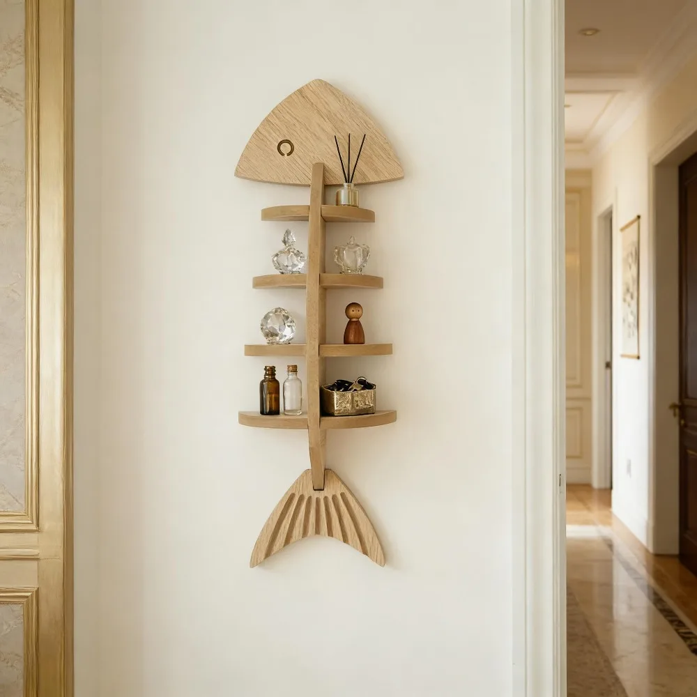 

Fish Bone Wall Shelf Wooden Floating Shelf Unique Fish Shaped Wall Mounted Storage Rack for Home Decor Organizer Storage Display