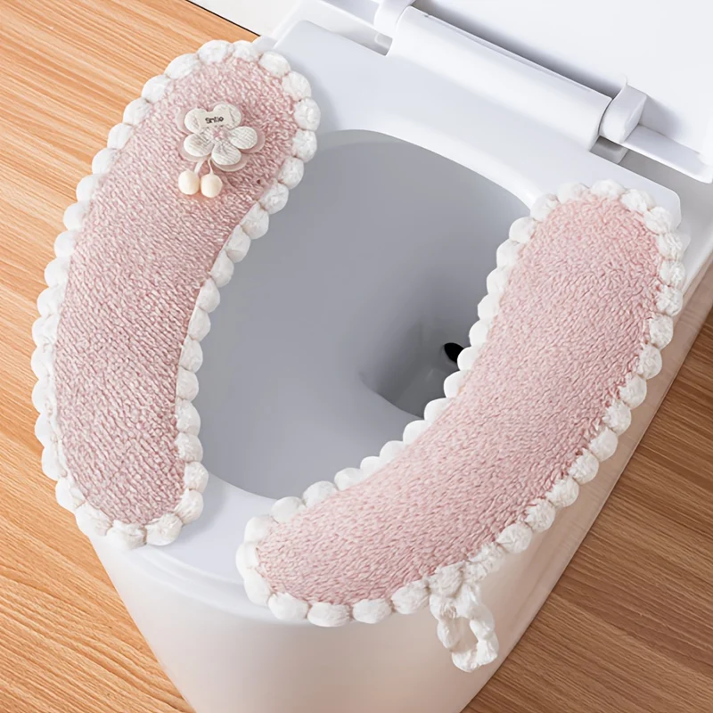 2 Pack Coral Fleece Toilet Seat Cushions, Single Floral Design, 4-Point Fixed Installation, White Trim, Portable Handle, Hand Washable, Universal Fit