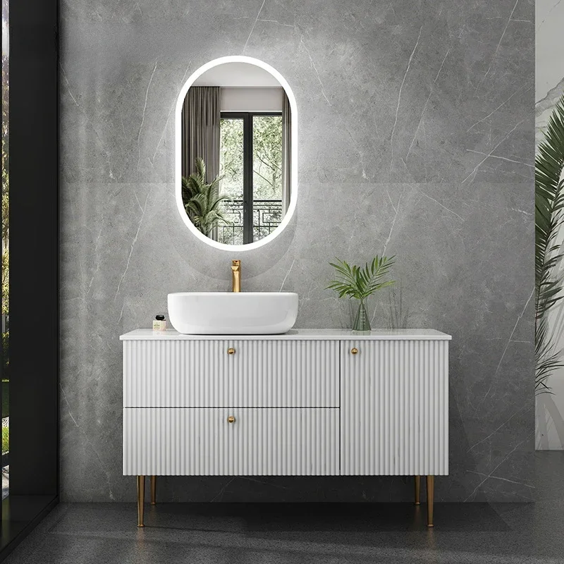 

Luxury Bathroom Cabinets Vanity with Washbasin Smart Led Smart Mirror Lacquered Integrated Top Basin Sink Bathroom Furniture