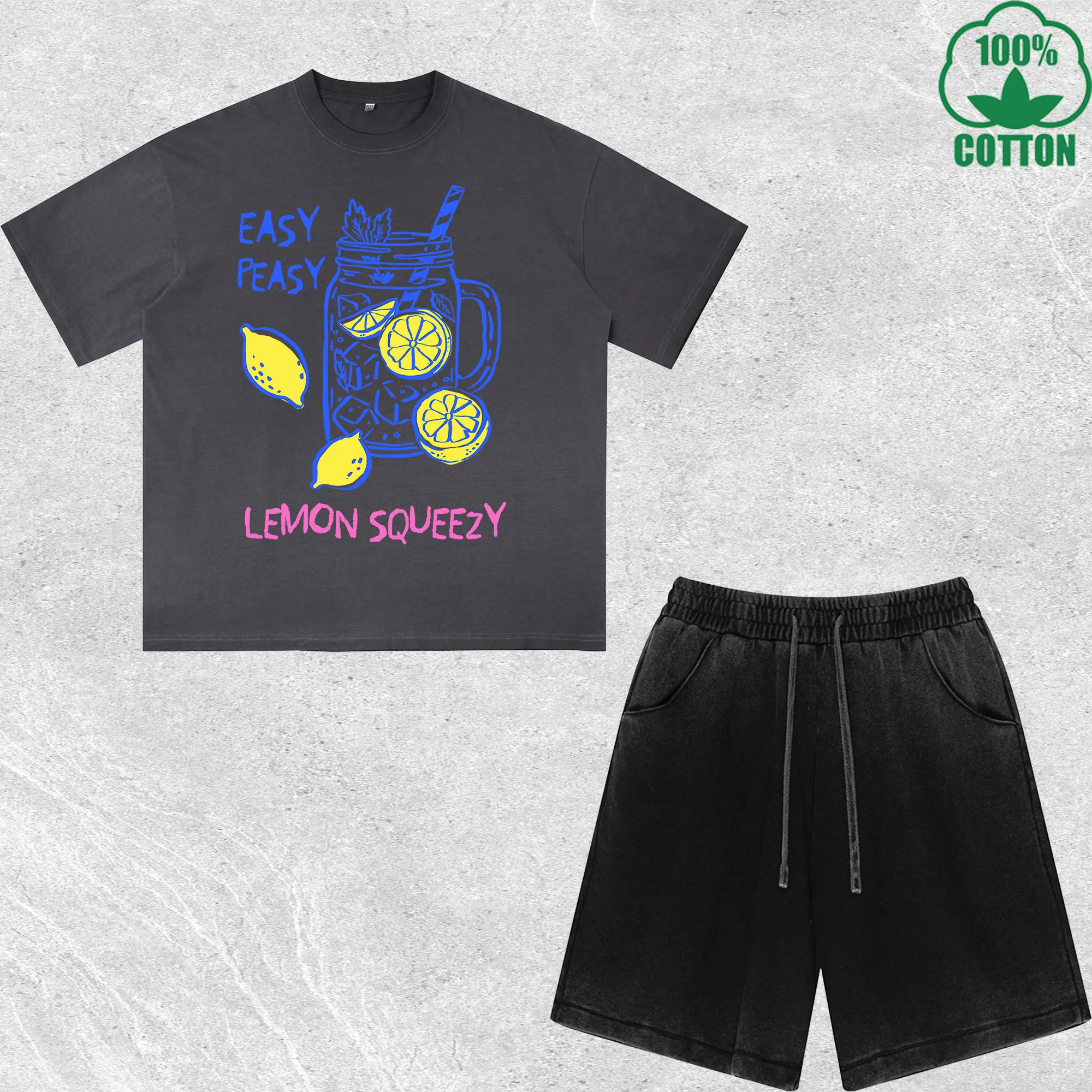 

Lemon Squeezy Printed Dirty Wash T-Shirt Shorts Set Multicolor Combo Loose Trendy Fashionable 100%Cotton Short Value Pack