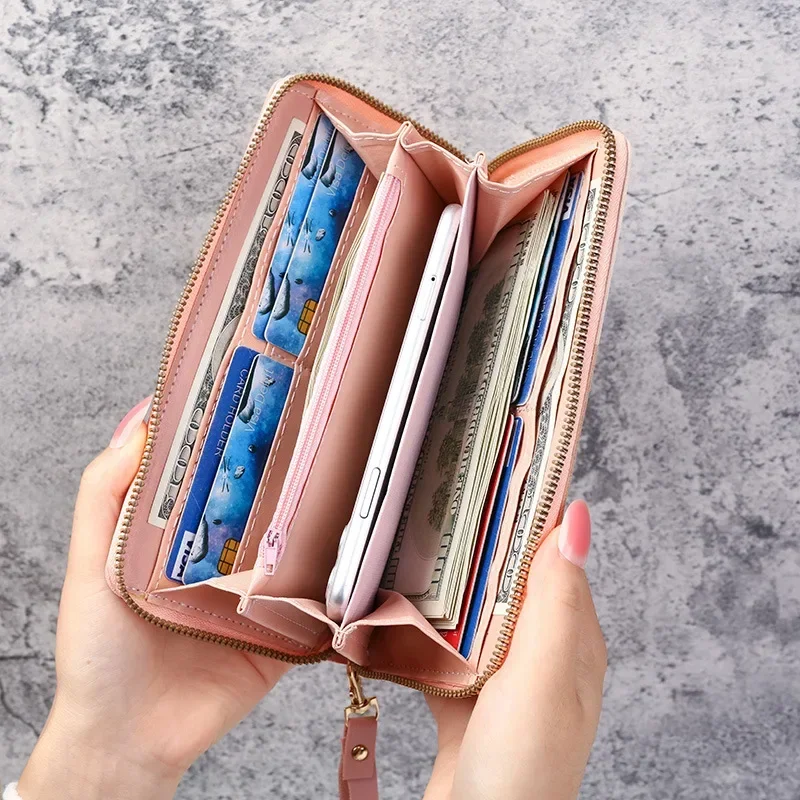 Geometric Patchwork PU Leather Women Long Zipper Wrist Purses Tassel Design Clutch Forever Young Wallet Female Card Holder