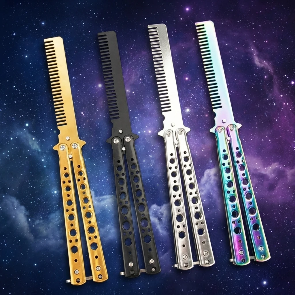 Professional stainless steel folding butterfly knife portable training beard comb hair styling tool for salons and practice comb