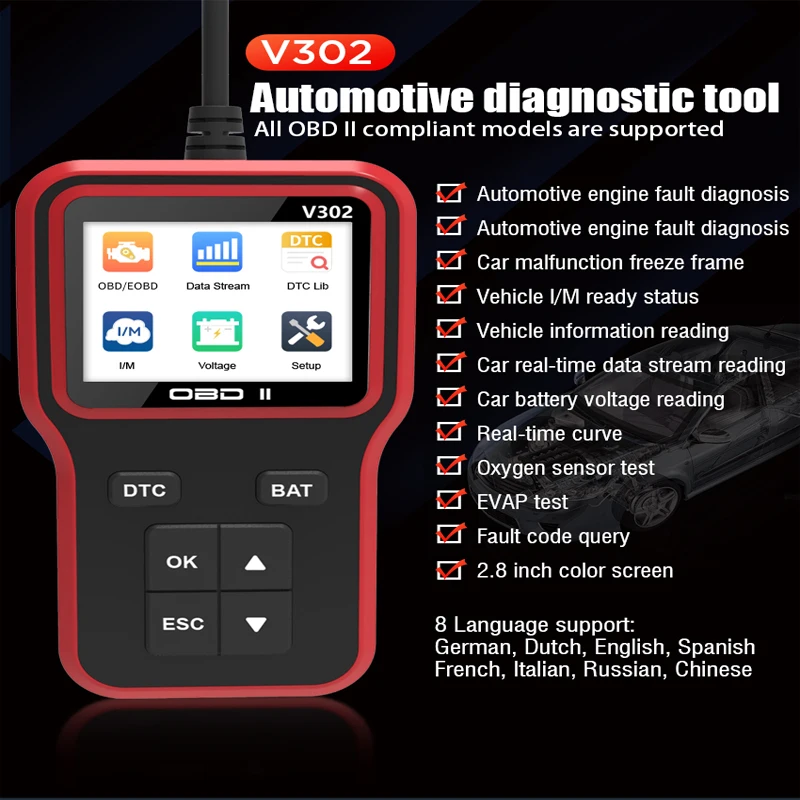 V302 Obd2 أداة تشخيص مسح السيارات المحمولة في الوقت الحقيقي قراءة تيار البيانات تدعم لغات متعددة - تعمل بمنفذ USB