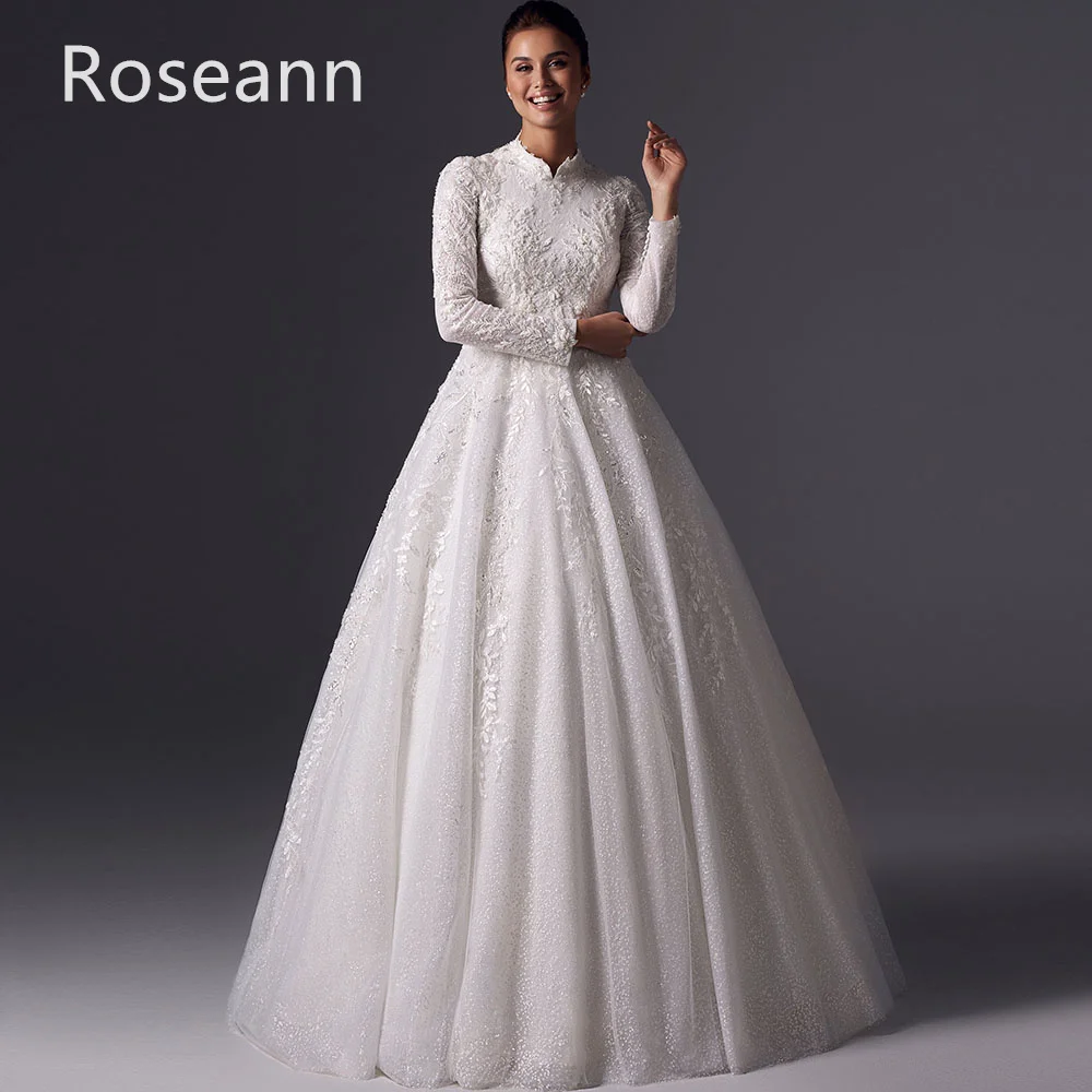 Abiti da sposa semplici musulmani personalizzati a-line in raso collo alto drappeggiato piega applique abito da sposa completo robe de mariée 2025